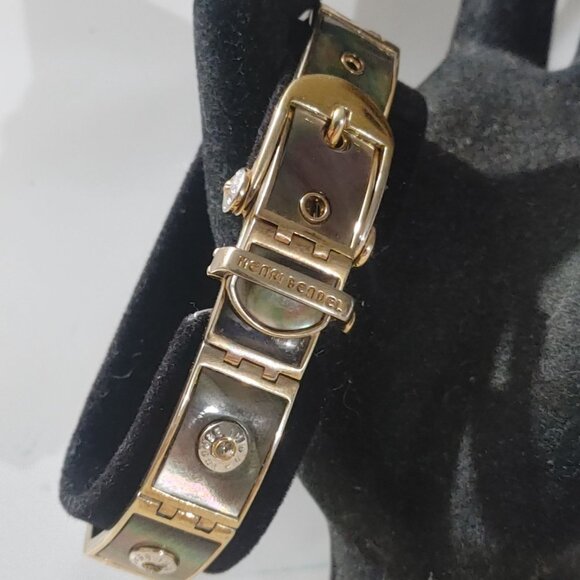 Hendi Bendal Hinge Belt Buckle Bracelet MOP Signature Logo Gold Tone Rhinestone - Picture 1 of 16